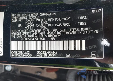 2017 Toyota 4Runner Limited z USA, uszkodzony, nr VIN JTEBU5JR4H5417641